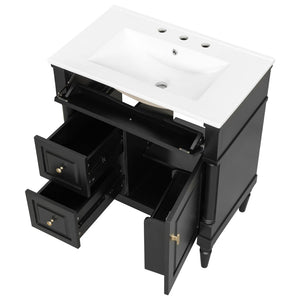 English Elm 30" Freestanding Bathroom Vanity Rubberwood Frame Ceramic Sink Flip Drawer Storage Black N725P356062B
