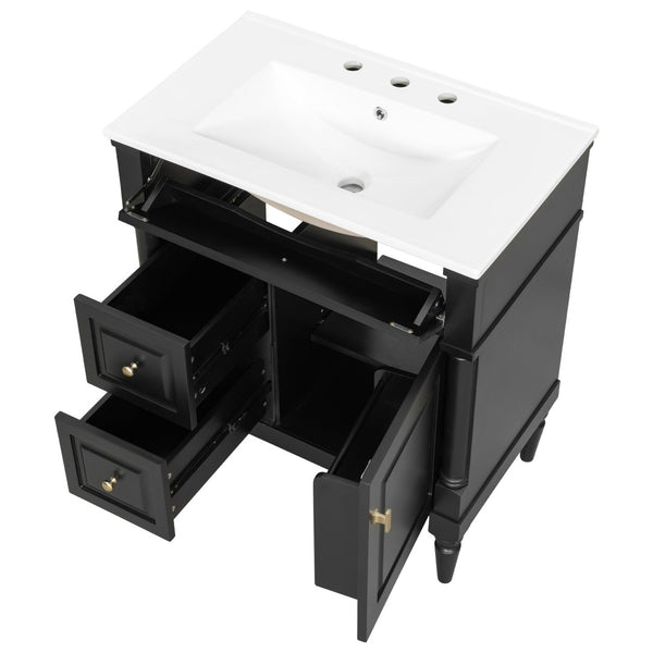 English Elm 30" Freestanding Bathroom Vanity Rubberwood Frame Ceramic Sink Flip Drawer Storage Black N725P356062B
