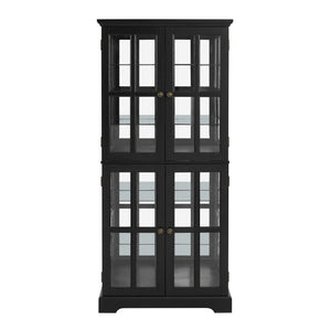 English Elm Curio Black Glass Cabinet with Cherry Finish, Adjustable Shelves, Vintage Lattice Doors & E26 Bulb Included W2275P300144