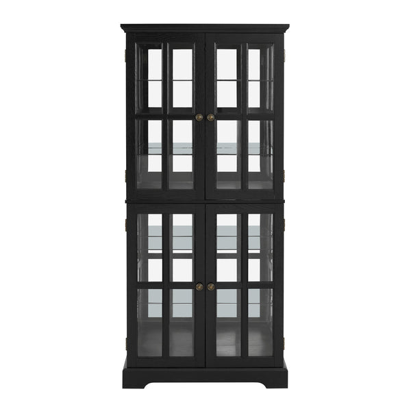 English Elm Curio Black Glass Cabinet with Cherry Finish, Adjustable Shelves, Vintage Lattice Doors & E26 Bulb Included W2275P300144