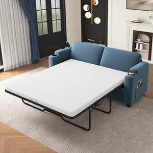 English Elm 72.8" Corduroy Sleeper Sofa Loveseat with Full Mattress, USB Charging, Cup Holders, Storage Pockets Navy Blue N719P208880C