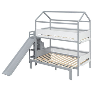English Elm House-shaped Pine Bunk Bed with Built-in Slide Storage Staircase Twin Over Full Kids Frame Grey+White N820S00082E