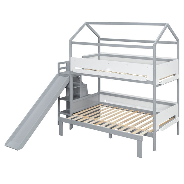 English Elm House-shaped Pine Bunk Bed with Built-in Slide Storage Staircase Twin Over Full Kids Frame Grey+White N820S00082E