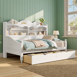 English Elm Twin Daybed Retro Wood Frame with Under Bed Drawers and Headboard Shelving White N733S415358K