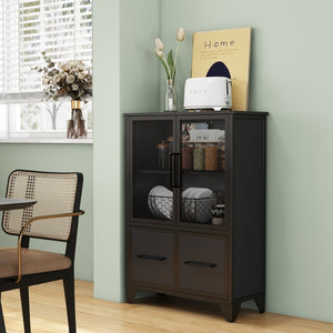 English Elm Storage Cabinet Matte Iron Four Door Sideboard with Adjustable Shelf for Modern Interiors Black W3151P407882