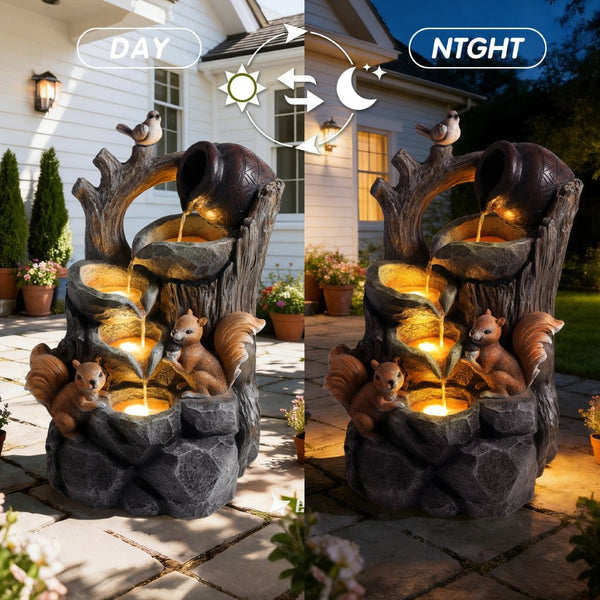 English Elm Squirrel Resin Tree Stump Outdoor Water Fountain with Led Lights Garden Patio Decor W5397P454718
