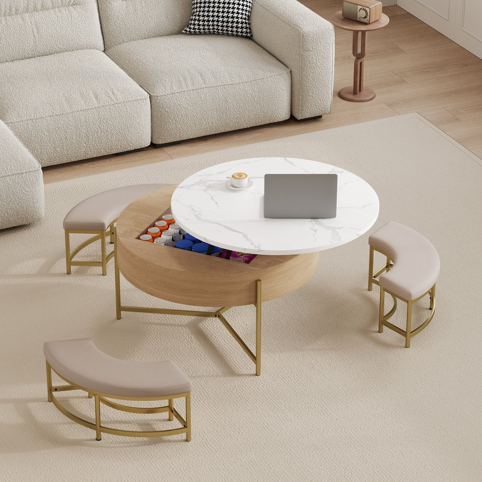 English Elm Modern Round Lift-Top Coffee Table with Hidden Storage and Three Stowable Ottomans for Small Spaces Natural,White CH265770AAK