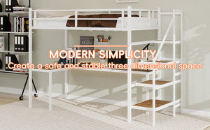 English Elm Loft loft bed with L-shaped desk, built-in storage stairs, 360° guardrail, sturdy iron frame for small rooms White W1935S00004