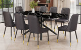 English Elm 1 Table and 8 Chairs Set.A Rectangular Dining Table With A Imitation Marble Black Table Top and Black Metal Legs.Paired With 8 Chairs With Pu Leather Seat Cushion and Black Metal Legs.F-1537,C-007