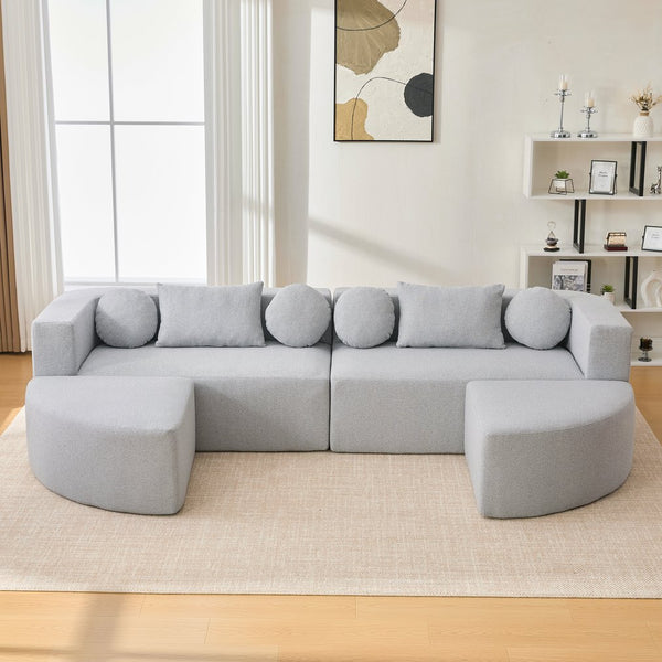 English Elm Boneless Modular Sectional Sofa with Curved Ends, Deep Bouclé Seating, Convertible Sofa Bed & Pillows for Living Room Grey N719S002120E