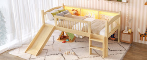 English Elm Twin Low Loft Bed Solid Pine Frame with Built-in Led Lighting and Storage Shelves Natural W1580P395930