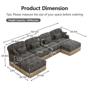 English Elm 131"comfy Chenille Leopard Print U-shaped Sectional with Tassel Trim and Modular Ottomans Khaki W5656S00027