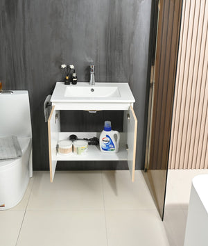 English Elm Goodyo 24" Wall-Mount Floating Bathroom Vanity Cabinet with Soft-Close Doors Stainless Towel Rack Yellow+White D163120297