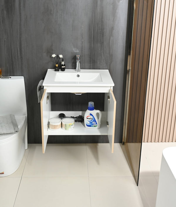 English Elm Goodyo 24" Wall-Mount Floating Bathroom Vanity Cabinet with Soft-Close Doors Stainless Towel Rack Yellow+White D163120297