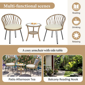 English Elm U_STYLE 2-Piece Rattan Patio Bistro Set with Tempered Glass Table and Plush Polyester Cushions for Outdoor Comfort Beige+Natural N711P256422A