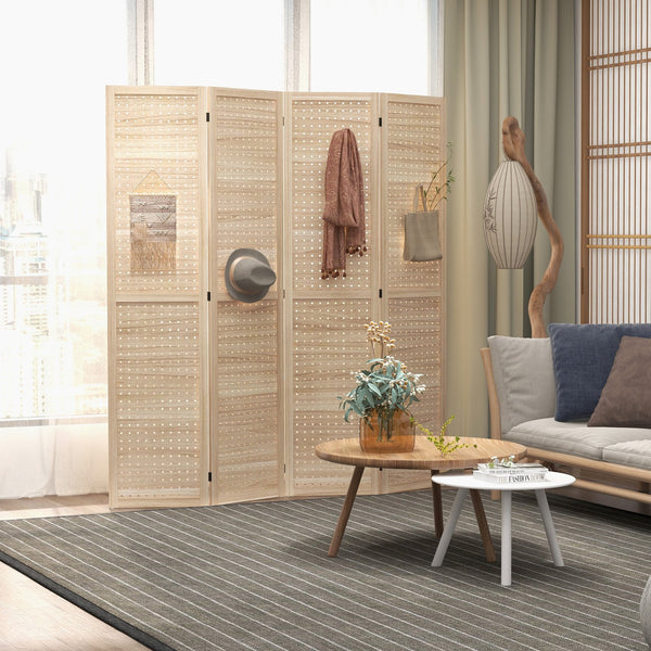 English Elm Homcom 4 Panel Wood Room Divider, 5.6' Tall Folding Privacy Screen With 500 Hook Holes For Decor W2225P217281