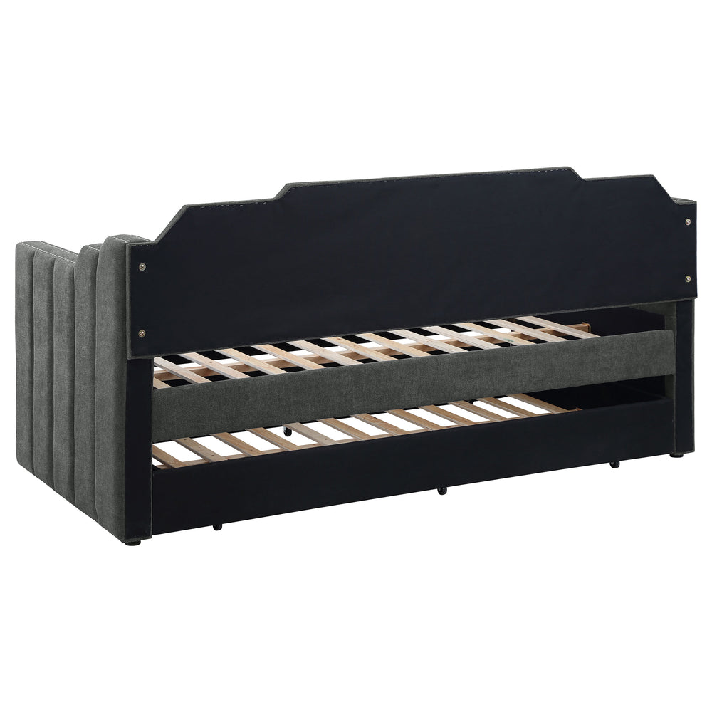 English Elm Pressley Charcoal Upholstered Twin Daybed with Trundle — Modern Channel-Tufted Wood Frame, Cozy Guest Seating for Small Spaces B062S01011