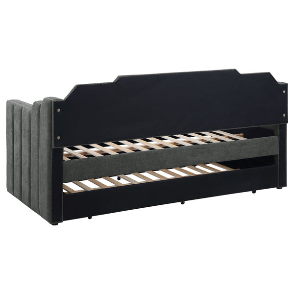 English Elm Pressley Charcoal Upholstered Twin Daybed with Trundle — Modern Channel-Tufted Wood Frame, Cozy Guest Seating for Small Spaces B062S01011