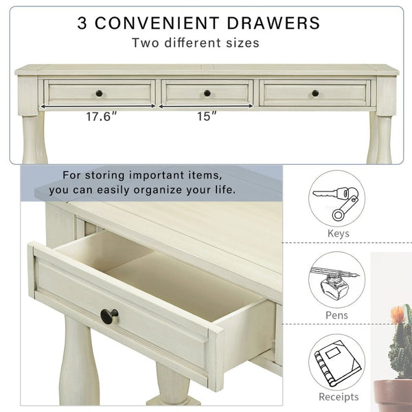 English Elm Trexm Distressed Entryway Console Table Three Drawers Open Shelf Mediterranean Wood Antique White N715P372052K