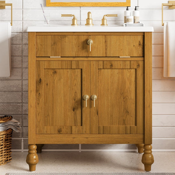 English Elm Christopher Knight Home® - 30-Inch Walnut Vanity with Seashell Resin Sink, Flip-Up Organizer, Soft-Close Doors & Legs Brown N765P33417576B