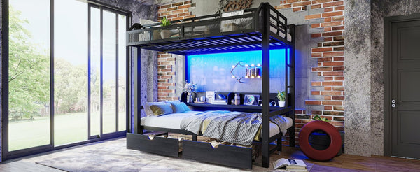 English Elm Twin Over Metal Bunk Bed with Led Lights Usb Ports Drawers and Sofa Conversion W5305S00002