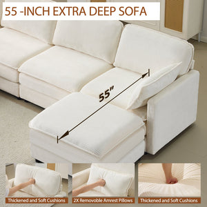 English Elm 136" Plush Cloud Modular 4-Seater Sofa with 2 Ottomans, Beige Corduroy, High-Resilience Foam Comfort, Durable Wood Frame W1829S00064