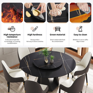 English Elm 59.05" Round Marble Dining Table With Black Iron Base, Elegant Turntable, Seats 6-8, Durable Design W1535S00404