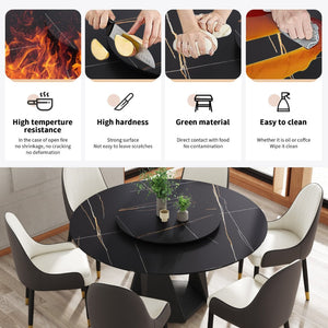 English Elm 59.05" Round Sintered Stone Dining Table with Lazy Susan Iron Base Seats 8 Black W1535S00638