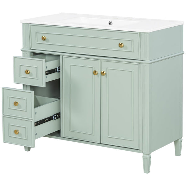 English Elm 36 Inch Freestanding Bathroom Vanity Sage Pine Cabinet Gold Hardware Ceramic Sink Green N725P366468G