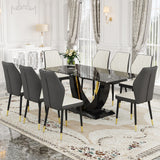 English Elm Black Marble Pattern Tempered Glass Dining Set - 71"X35.4" With 8 White and Dark Gray Spliced Pu Chairs With A Widened Backrest Design.