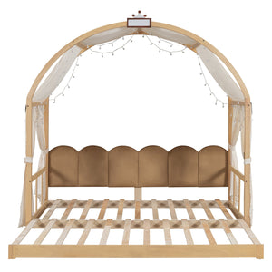 English Elm Twin Pinewood Ground-Level Canopy Bed with Arched Roof and Trundle for Kids—Whimsical, Sturdy Design Natural N820P181648N
