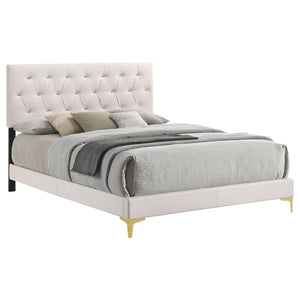 English Elm James White Glam Queen Bed with Tufted Tall Headboard, Gold Button Accents & White Leatherette Upholstery B062P378461