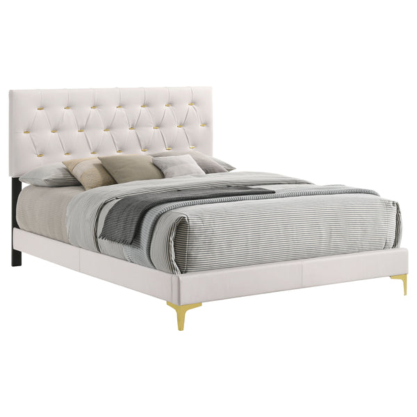 English Elm James White Glam Queen Bed with Tufted Tall Headboard, Gold Button Accents & White Leatherette Upholstery B062P378461