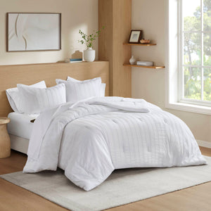 JLA Home Super Listing - Woven Logan Set: Minimalist Striped Comforter Collection with Brushed Microfiber Reverse, Oeko-Tex Safety and Easy Care White AM10-0570