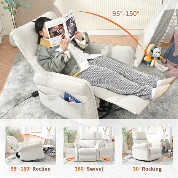 English Elm 360° Swivel Rocker Recliner Chair with Pull-Ring Recline, 360° Swivel, Rocking Comfort for Living Spaces Gray W1028S00049