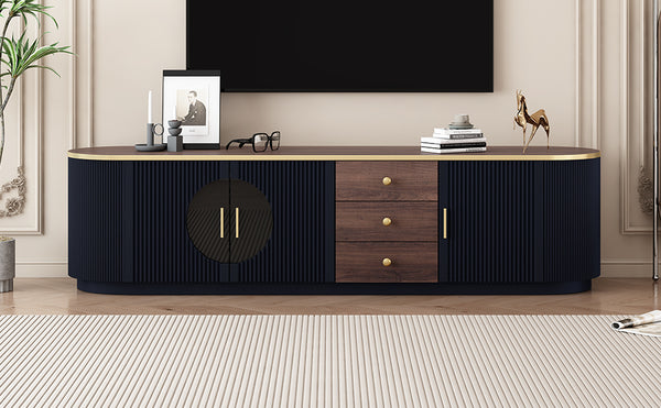 English Elm VIBE Elegant 70.8" Modern TV Stand with Gold Accents, Glass Cabinets, 3 Drawers & Cable Management Black SJ000131AAB