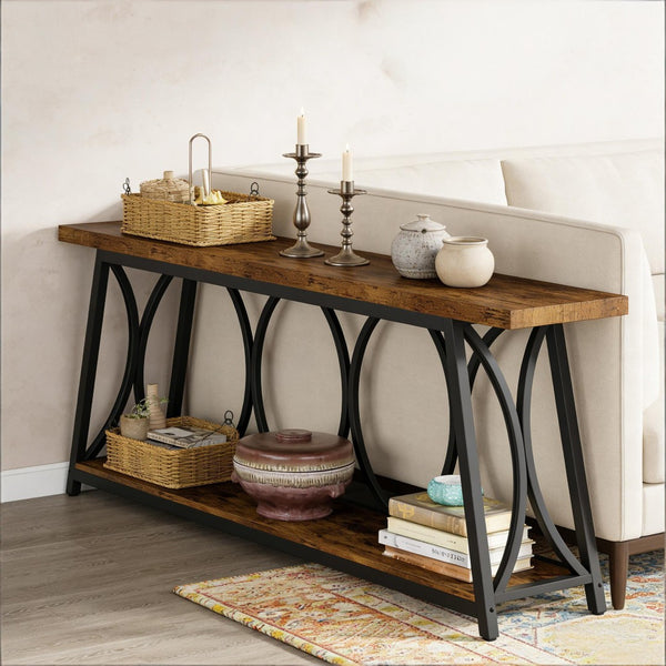 English Elm Hall Console Table Industrial Rustic Two Tier Wood Tone Metal Frame Entryway Sofa T3971P452060