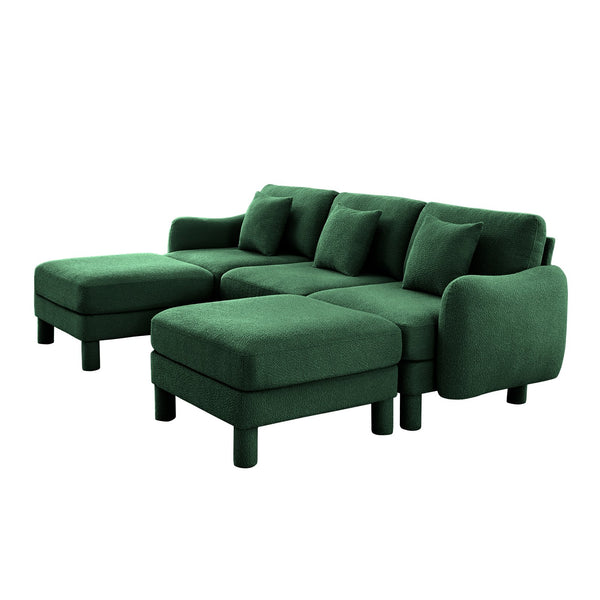 English Elm Boucle U-Shape Sectional Sofa With Shell Armrests & 2 Movable Ottomans For Modern Spaces, Green W3041S00310