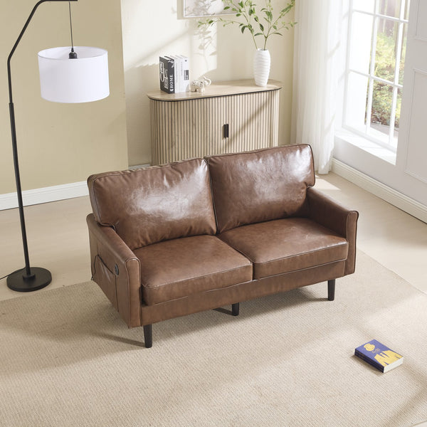 English Elm Loveseat Modern Mid-Century 2-Seater with USB Type-C Charging, Removable Zippered Covers, Sturdy Wood Legs Brown PU W395P238821
