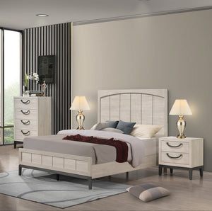 English Elm Contemporary Queen Panel Bed with LED Lighted Headboard, Distressed Textured Wood Finish, Stylish Durable Craftsmanship Beige+White 66 L x 6 W x 40 H B011S01545