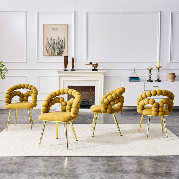 English Elm Set of 4 Sculptural Bubble Backrest Velvet Dining Chairs with Glamorous Metal Legs Gold,Yellow W3875P370847