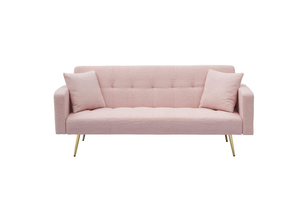 English Elm 71.7 Cozy Teddy Fleece Sofa Bed with 2 Plush Throw Pillows, 3-Seater Convertible Sleeper, 500lb Capacity Pink W3356P298512