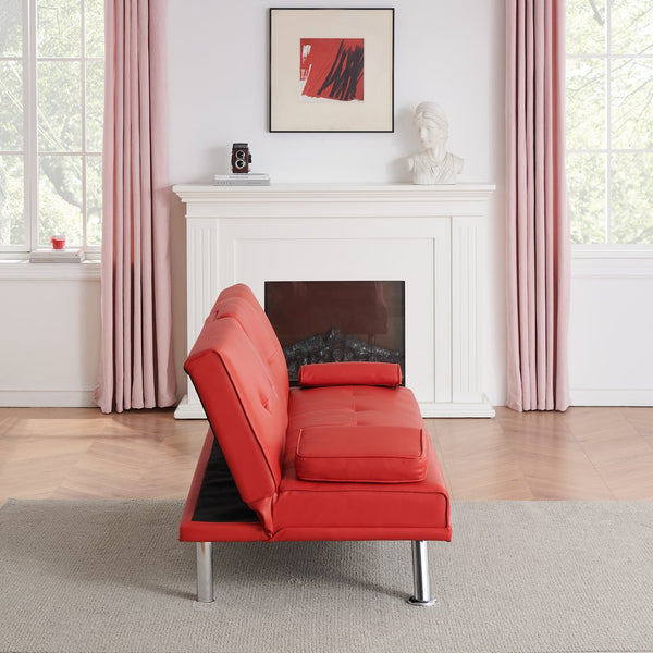 English Elm 67-inch Red Leather Multifunctional Double Folding Sofa Bed with Coffee Table, 2-Seater PU, 600LB Capacity and Metal Legs W1658P375657