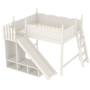 English Elm Twin Loft Bed Solid Pine Frame with Wardrobe Shelving Detachable Slide Kids Room Beige W5305S00023