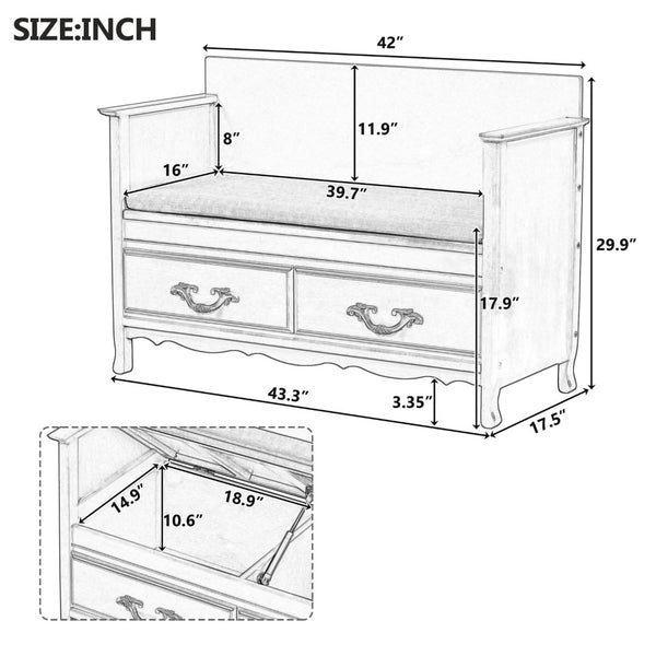 English Elm Trexm Carved Entryway Storage Bench Cushioned Lift Top Pine Frame Antique Style N715P198567M