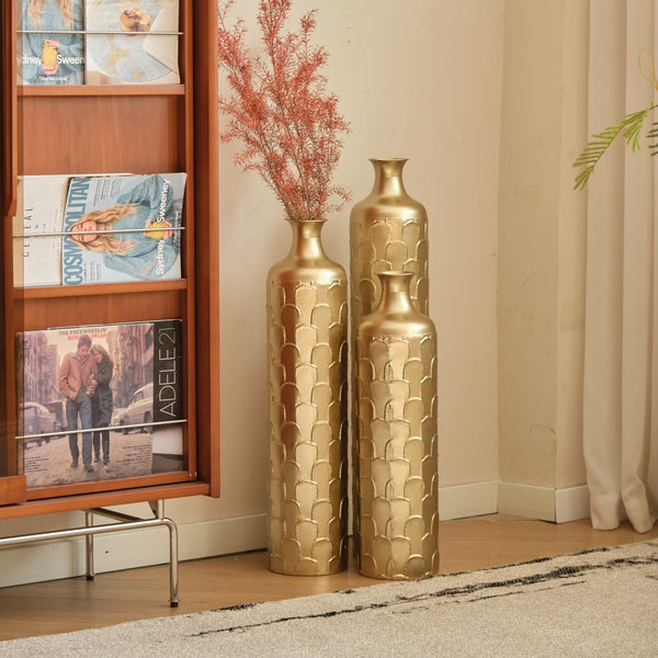 English Elm Floor Metal Vases Set Of 3 - Elegant Tall Decor With White And Gold Accents For Modern Interiors W2796P237520