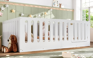 English Elm Queen Solid Pine Montessori Floor Bed for Kids with House Frame and Built-in Door Light White W5305P420638