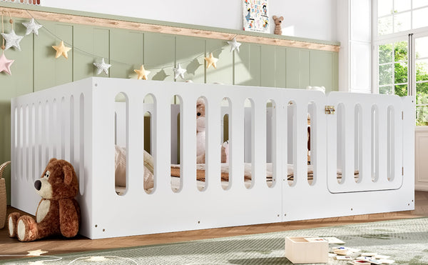 English Elm Queen Solid Pine Montessori Floor Bed for Kids with House Frame and Built-in Door Light White W5305P420638