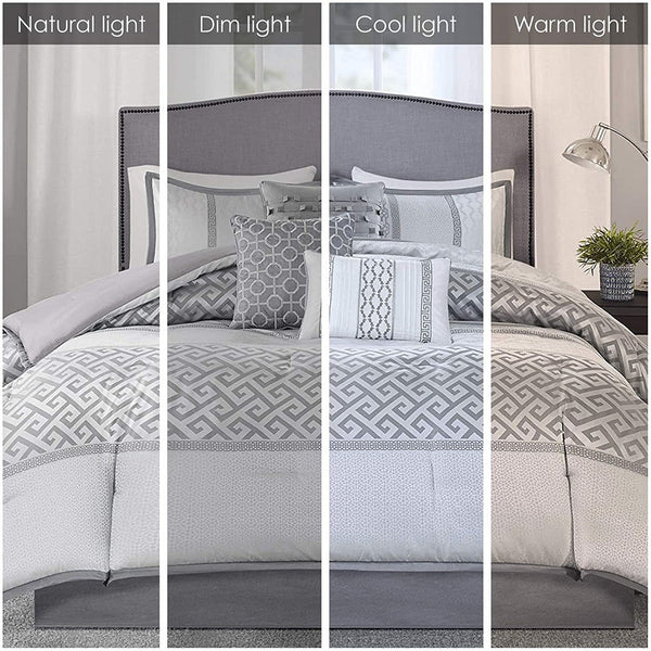 English Elm 7 Piece Comforter Set Grey Queen - Elegant Jacquard Design With Decorative Pillows For Stylish Comfort B03596855