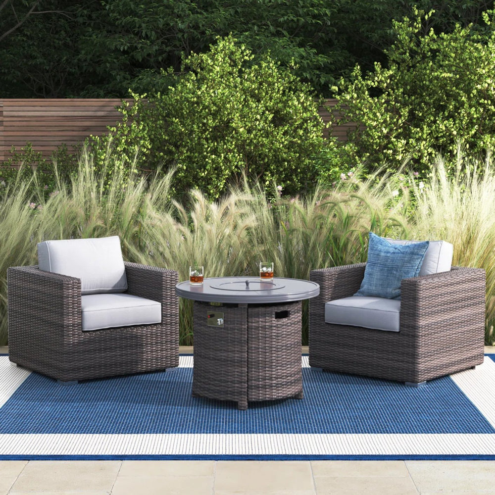 English Elm Modular 3-Piece Rattan Patio Sofa Set with 55,000 BTU Fire Pit, HDPE Wicker, Plush 5" Cushions B120S00085